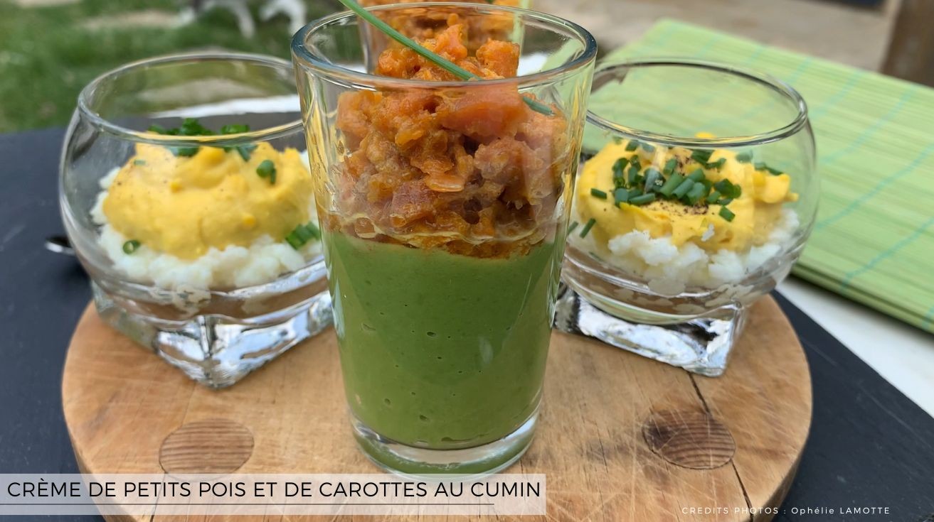 Crème de petits pois et carottes au cumin